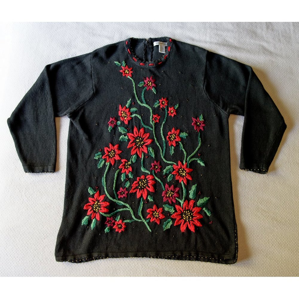 Vintage Arriviste Poinsettia Christmas Sweater, XL